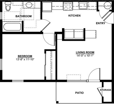 Floor plan for 1 bed, 1 bath, 609 sqft